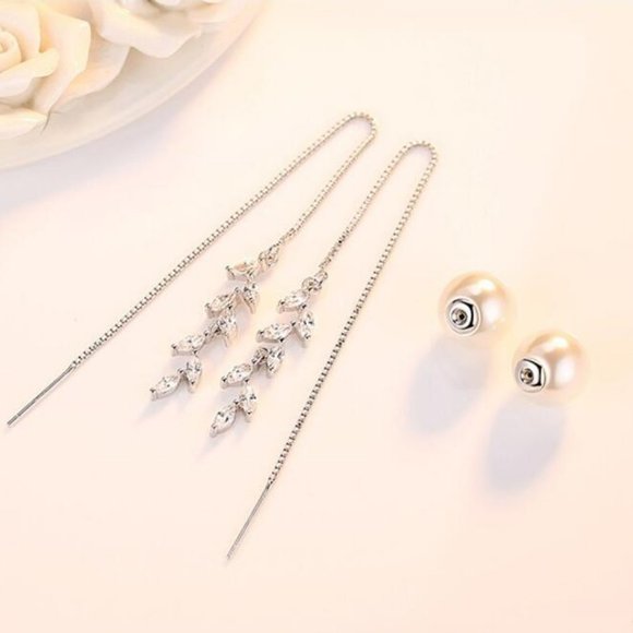 NEW Sterling Silver Pearl Diamond Leaf Earrings - Picture 3 of 7